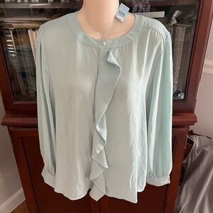 NWT Ann Taylor Blouse LP Seafoam Blue / Green Button Down Large Petite